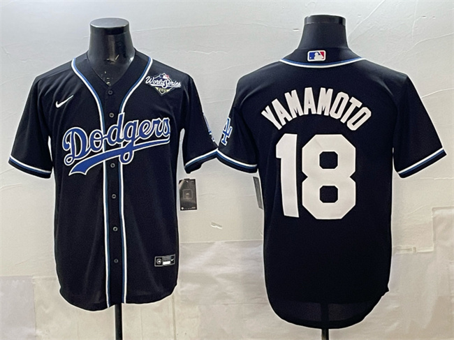 Men's Los Angeles Dodgers #18 Yoshinobu Yamamoto Black 2025 World Series Cool Base Stitched Baseball Jersey Men's Los Angeles Dodgers #18 Yoshinobu Yamamoto Black 2025 World Series Cool Base Stitched Baseball Jersey